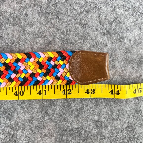 Woven Rainbow Multicolor Elastic Braided Belt Silver Buckle Brown Leather Trim - Picture 7 of 13